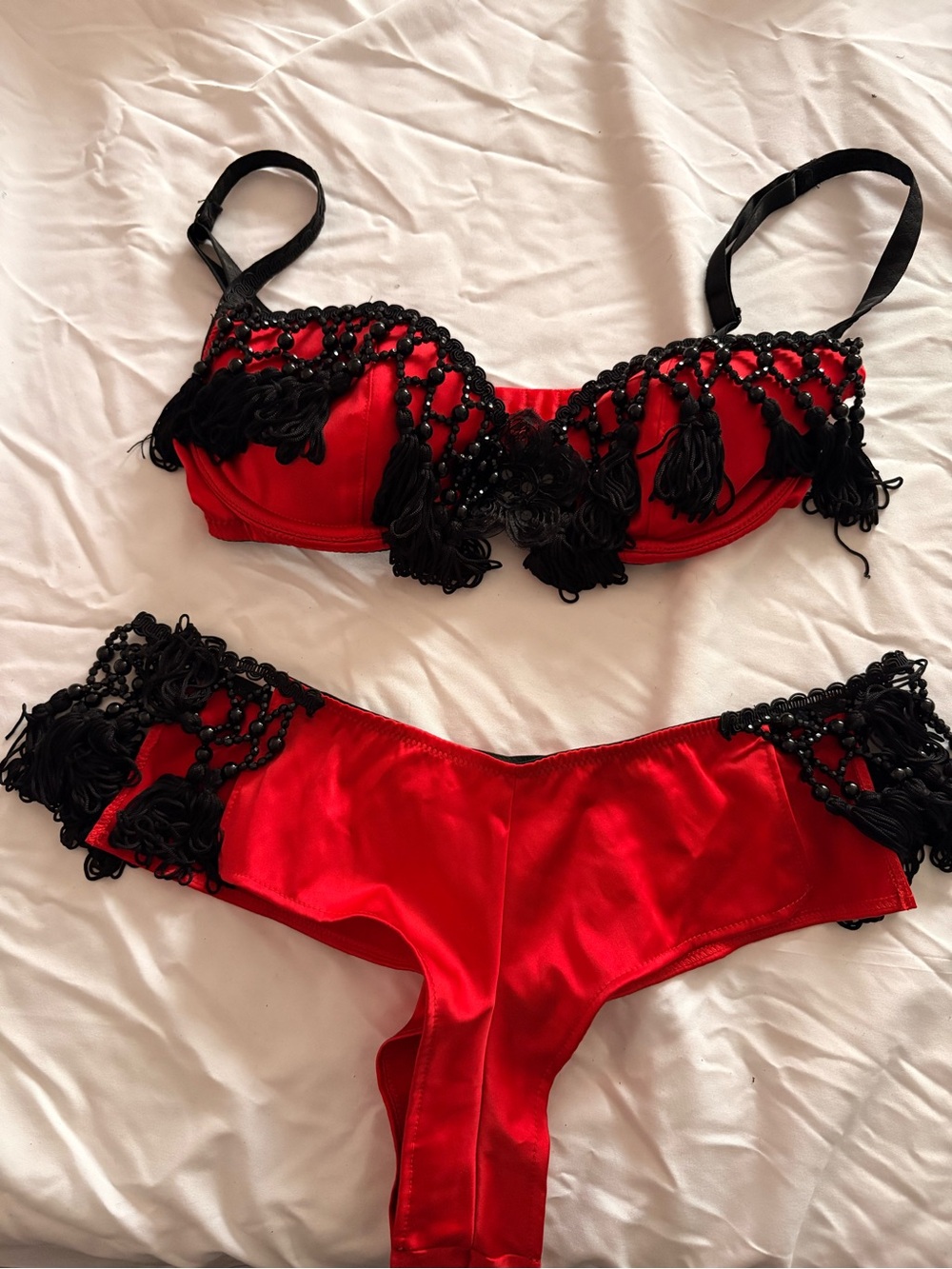 Chantal Thomass Red Bra & Panty Set with Black Tassel Trim